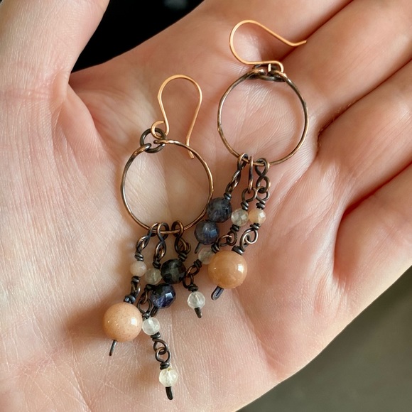 Iolite + Moonstone Handcrafted Copper Earrings - Picture 6 of 7